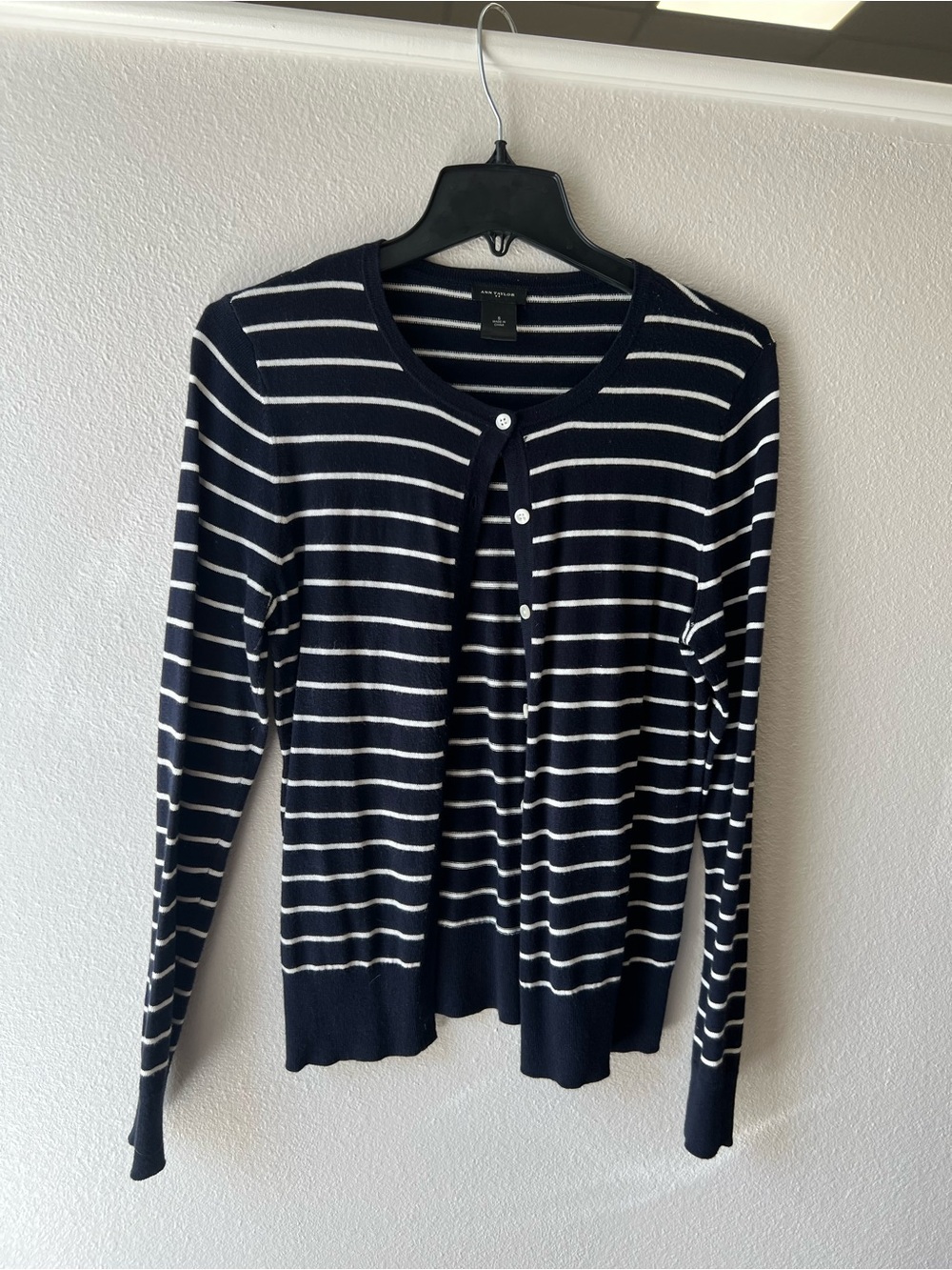 Ann Taylor Navy and White Striped Crewneck Cardigan